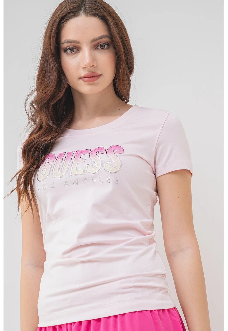 Guess Tricou cu decolteu rotund si logo - Roz deschis
