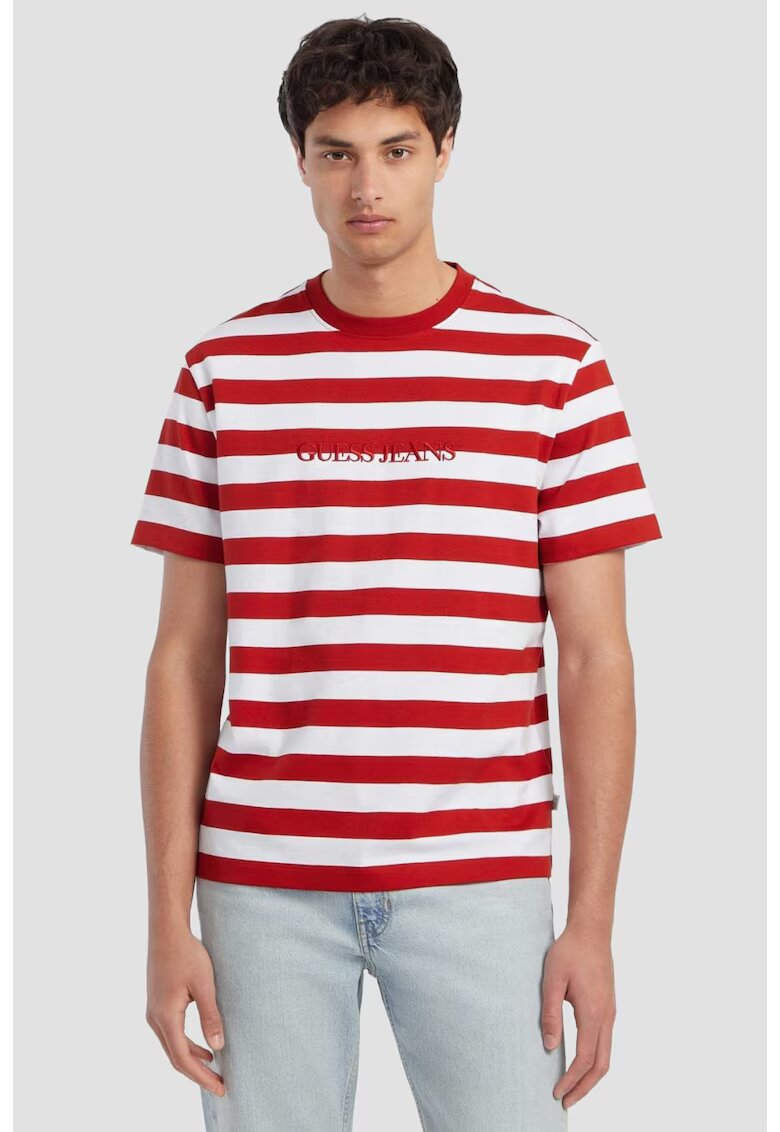 Guess Tricou cu imprimeu in dungi si logo brodat - Rosu