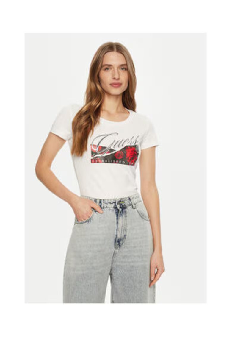 Guess Tricou cu imprimeu logo din amestec de bumbac