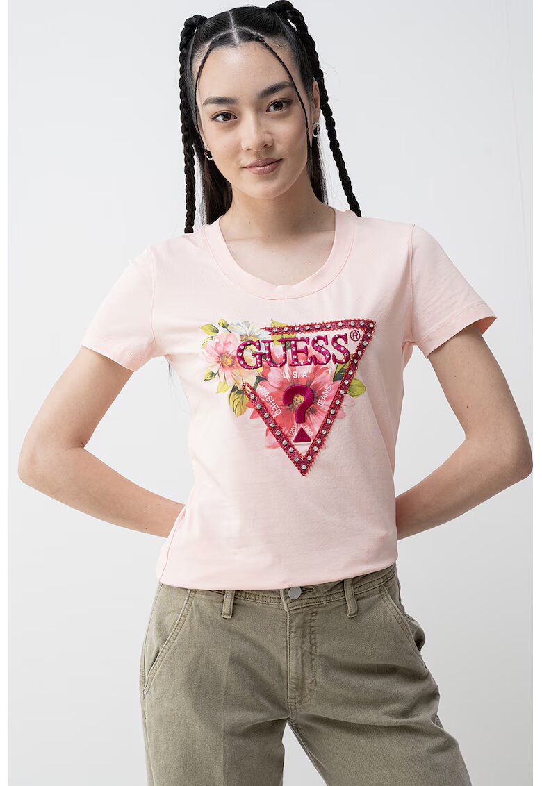 Guess Tricou cu imprimeu - logo in relief si aplicatii cu strasuri - Roz fandango/Piersica