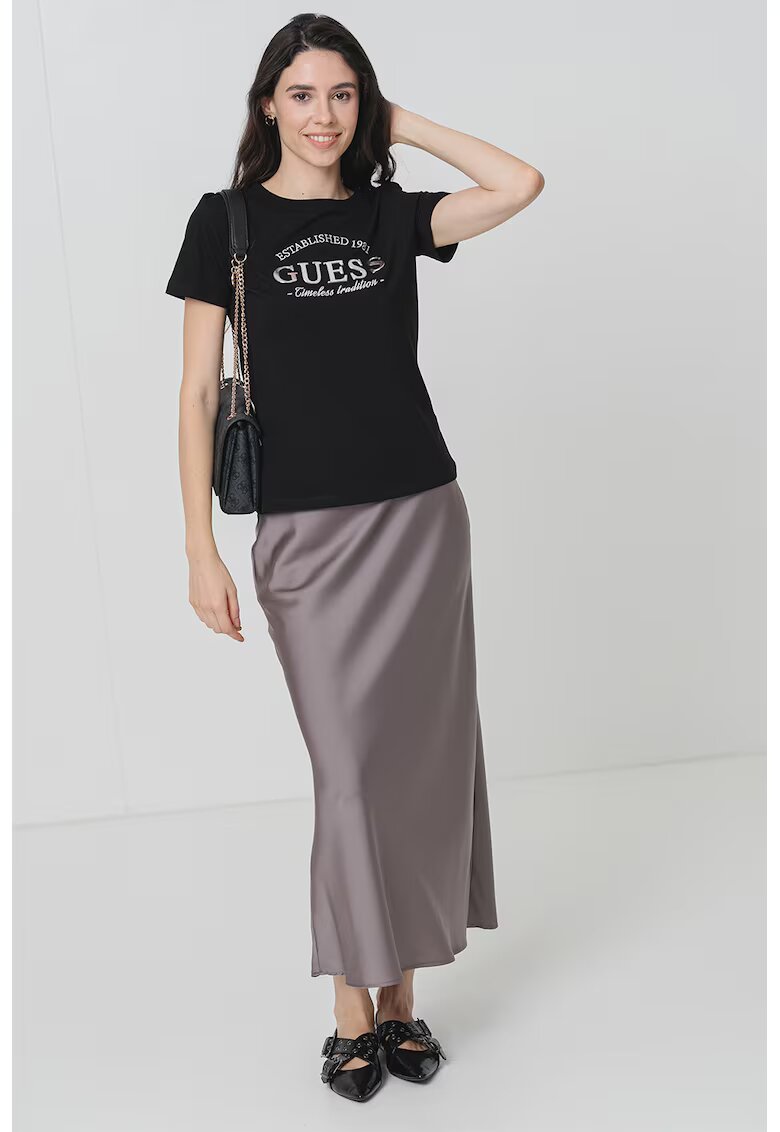 Guess Tricou cu imprimeu logo - Negru/Alb optic/Argintiu