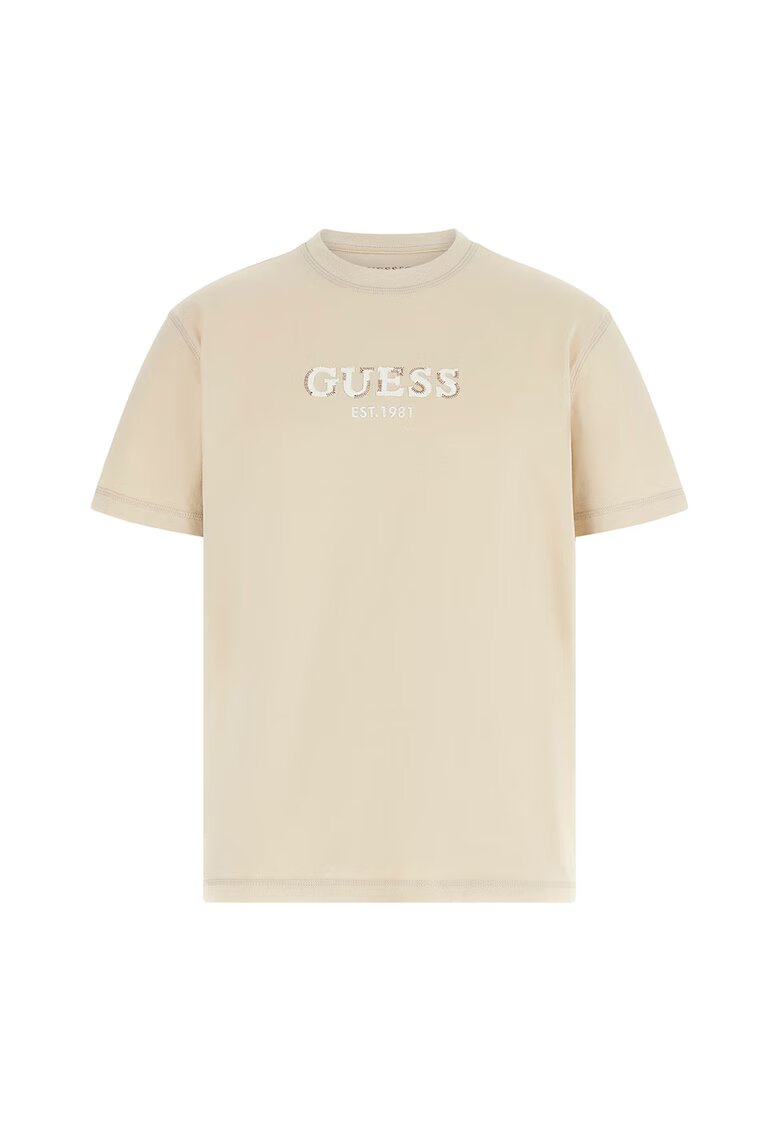 Guess Tricou cu logo brodat si decolteu la baza gatului - Bej deschis