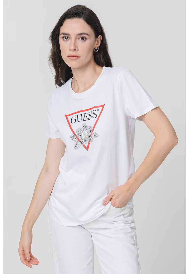 Guess Tricou cu logo si paiete - Rosu/Alb optic/Argintiu
