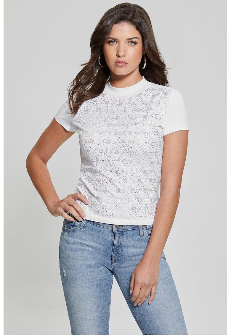 Guess Tricou cu model monograma cu strasuri - Alb/Argintiu