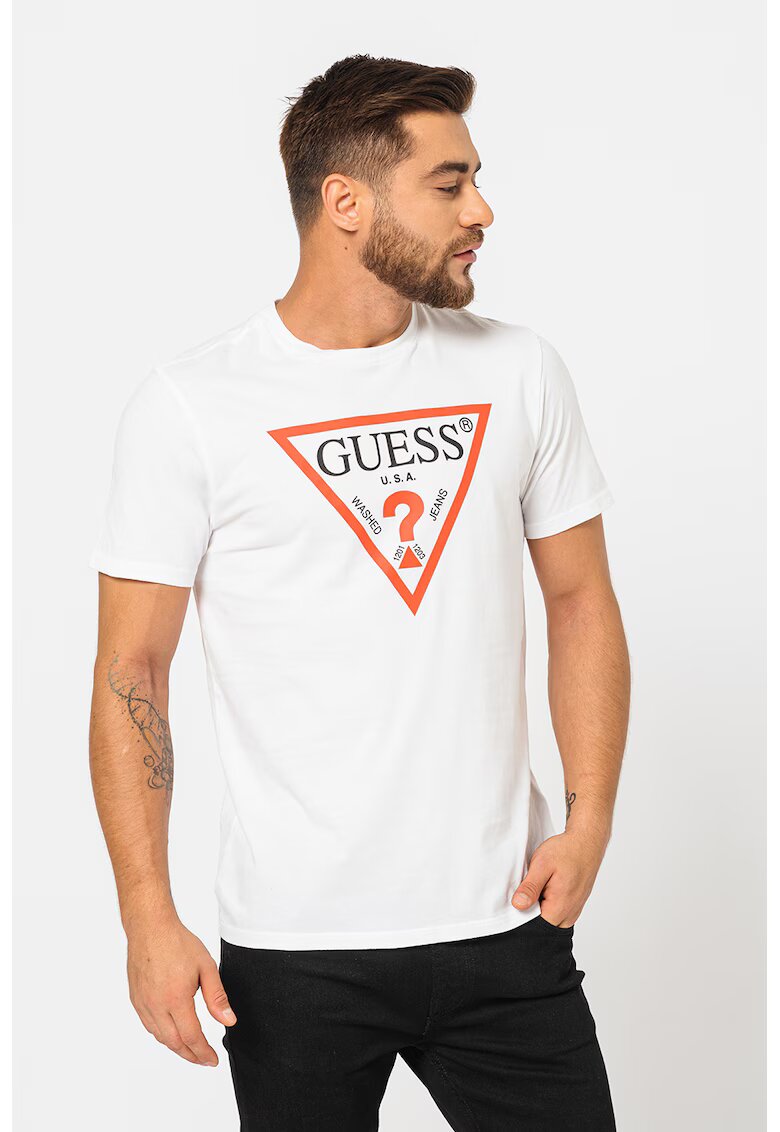 Guess Tricou de bumbac cu imprimeu logo - Alb optic/Rosu deschis
