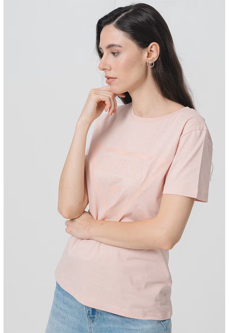 Guess Tricou de bumbac cu imprimeu logo - Roz pal