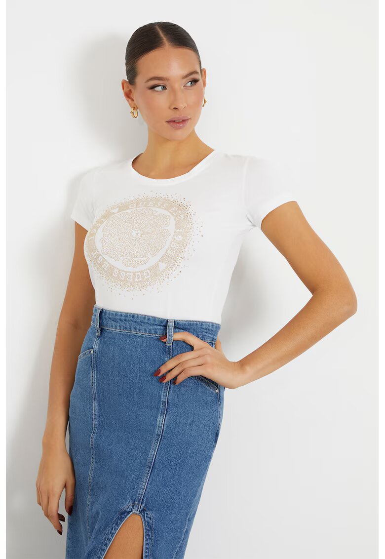 Guess Tricou din amestec de bumbac cu aplicatii cu strasuri - Crem