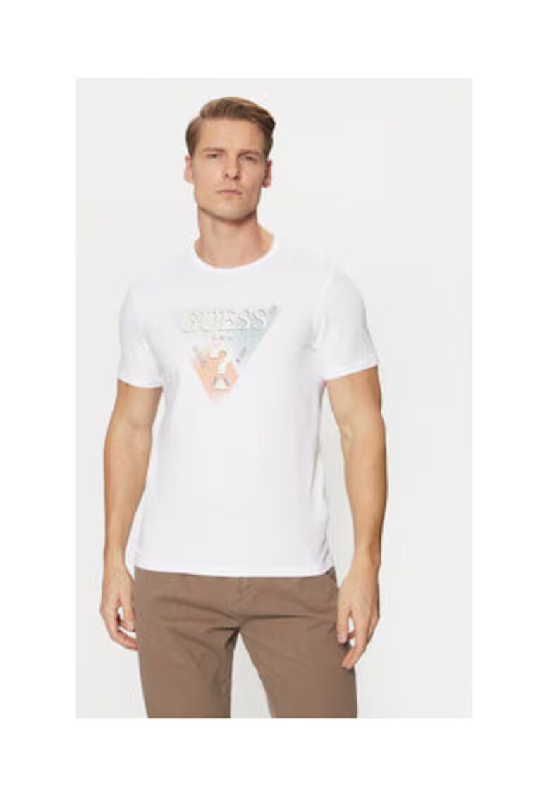 Guess Tricou din amestec de bumbac cu imprimeu logo - Alb