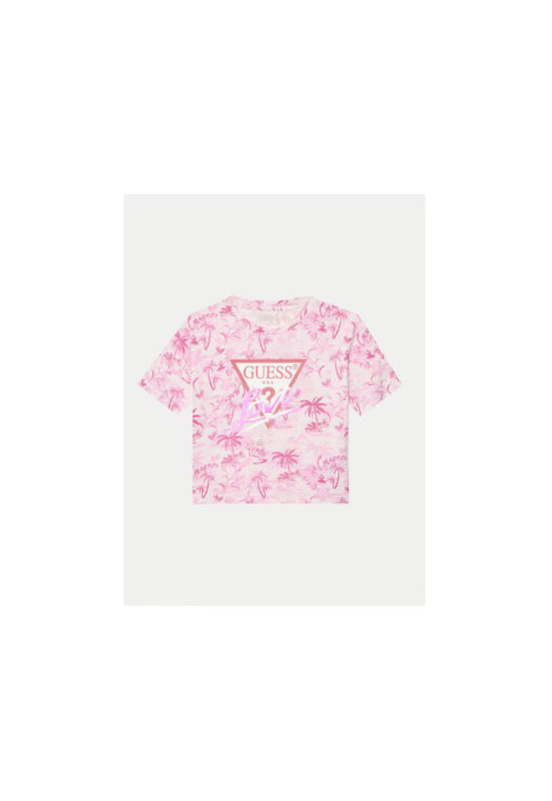 Guess Tricou din amestec de bumbac cu imprimeu tropical si logo