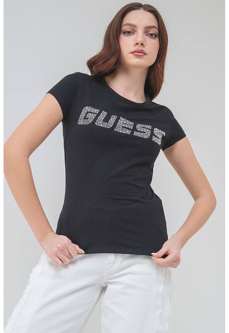 Guess Tricou din amestec de bumbac cu logo din strasuri - Negru/Argintiu