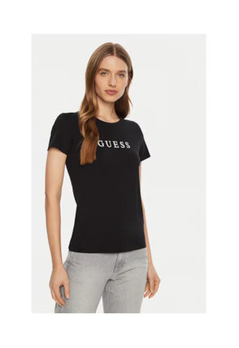 Guess Tricou din amestec de bumbac cu logo si model