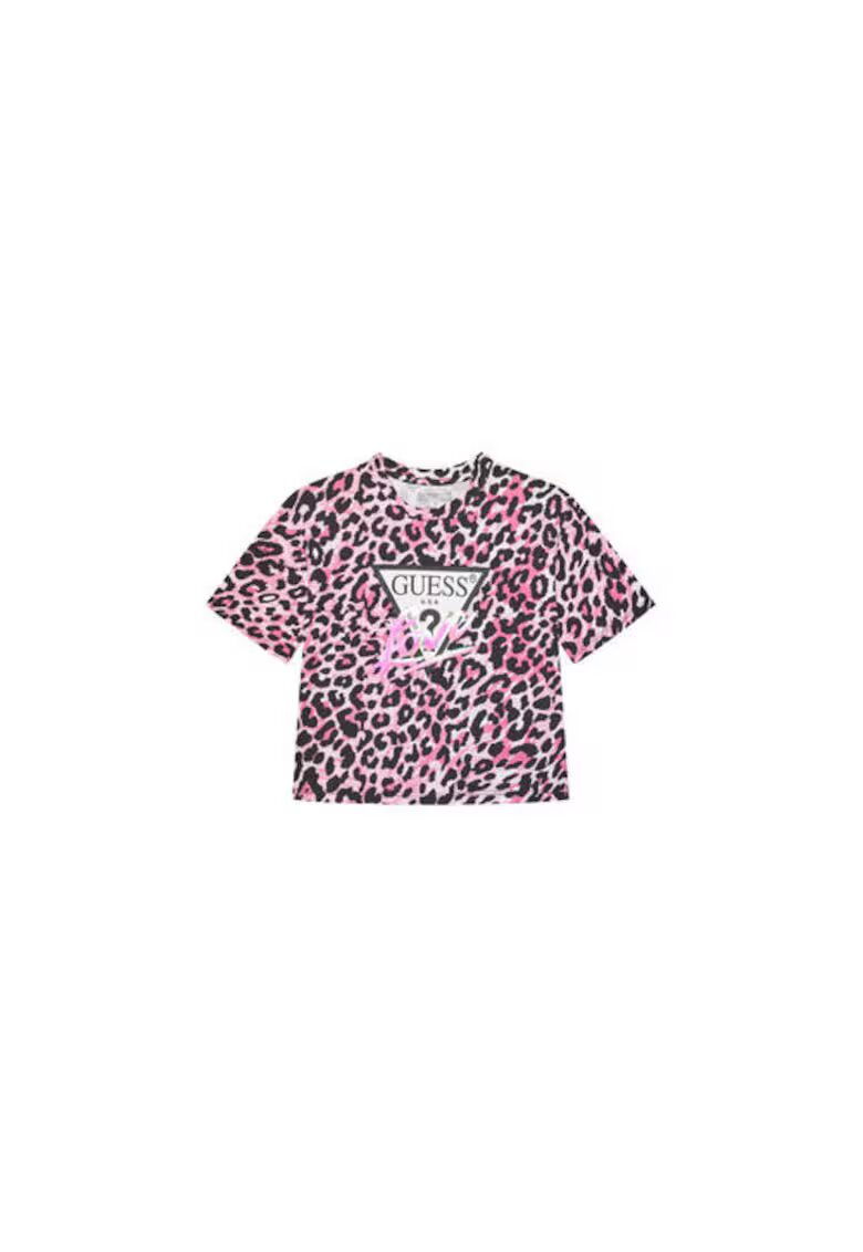 Guess Tricou din amestec de bumbac organic cu decolteu la baza gatui si model animal print