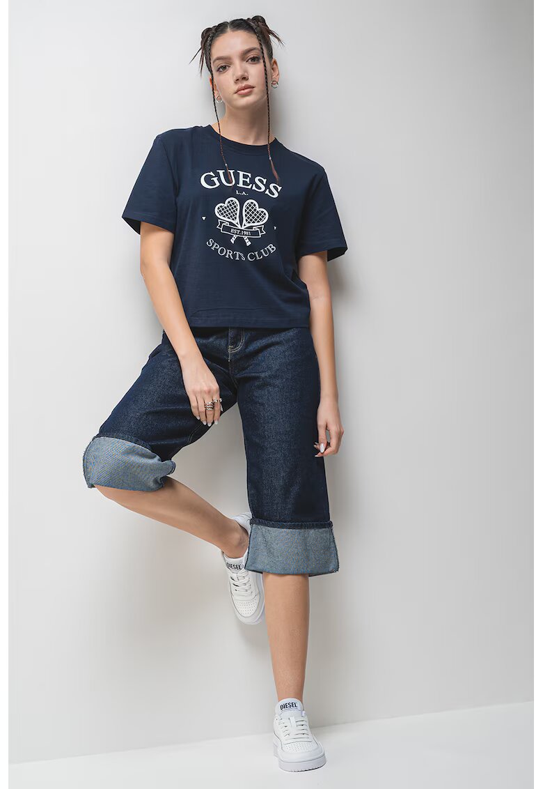 Guess Tricou din bumbac cu decolteu la baza gatului si logo - Alb/Bleumarin
