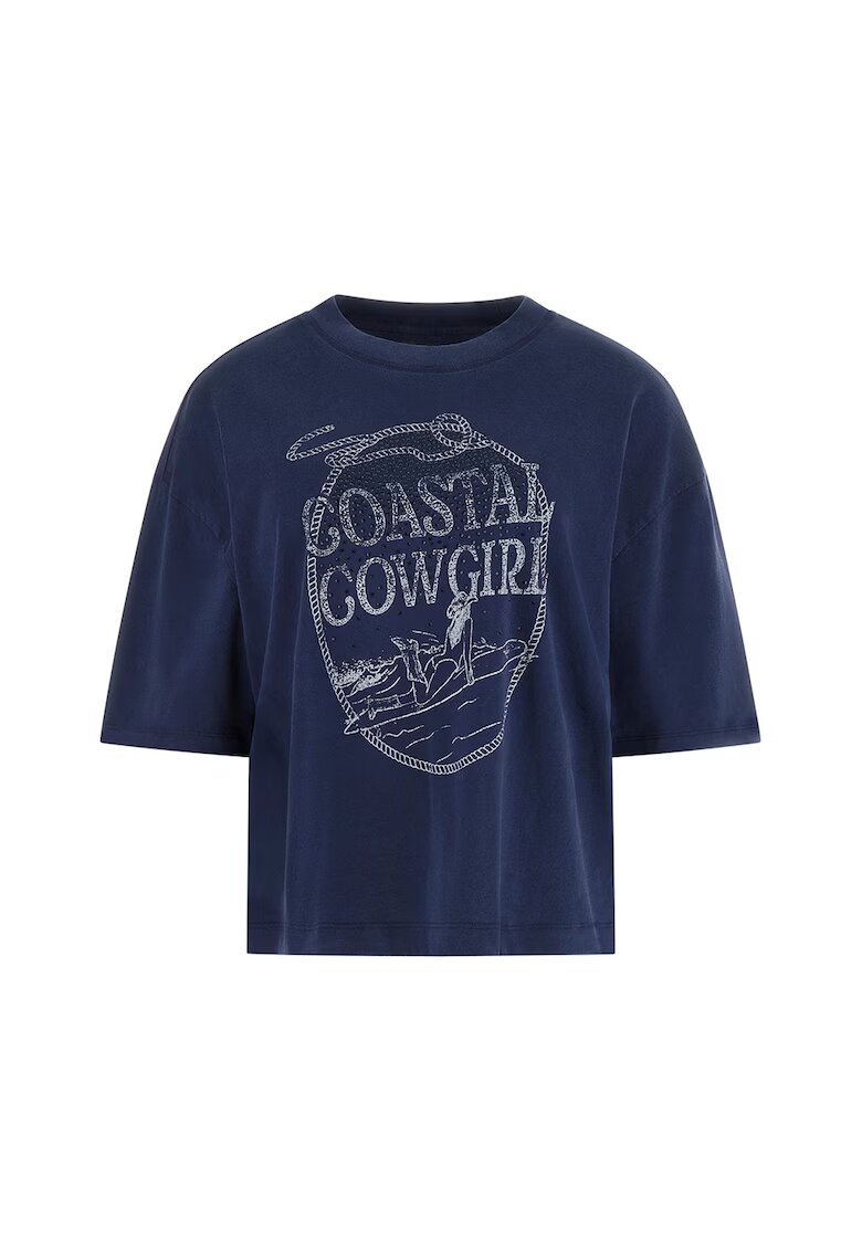 Guess Tricou din bumbac cu imprimeu text si aplicatii cu strasuri - Alb/Bleumarin