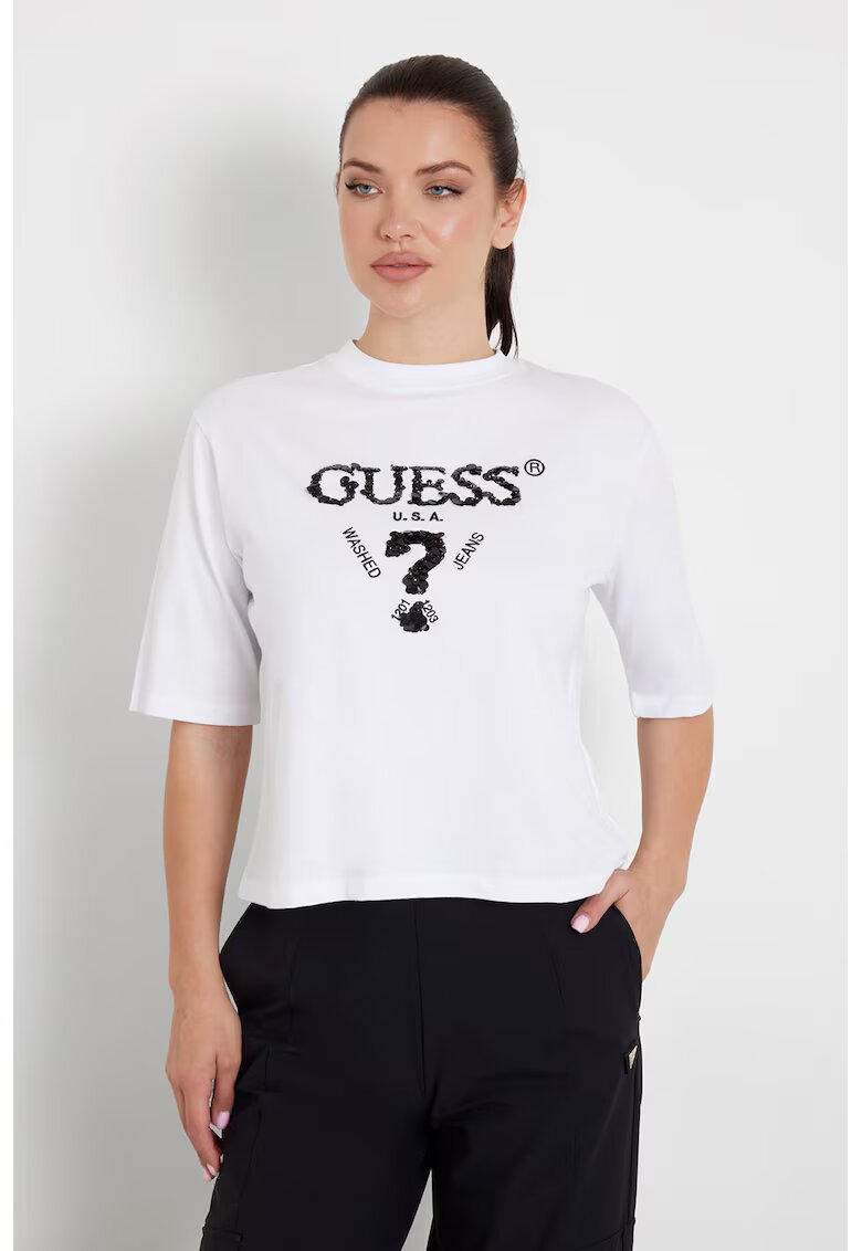 Guess Tricou din bumbac cu paiete pentru antrenament - Alb/Negru