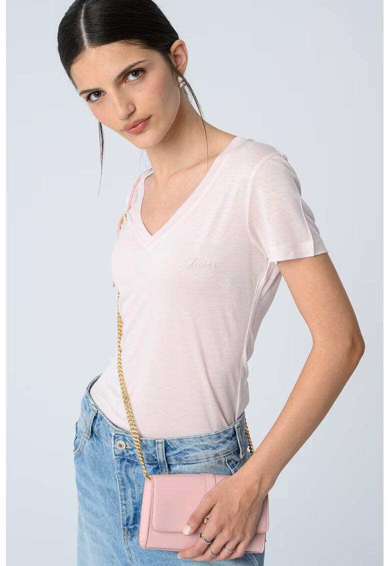 Guess Tricou din lyocell cu decolteu in V - Roz pal