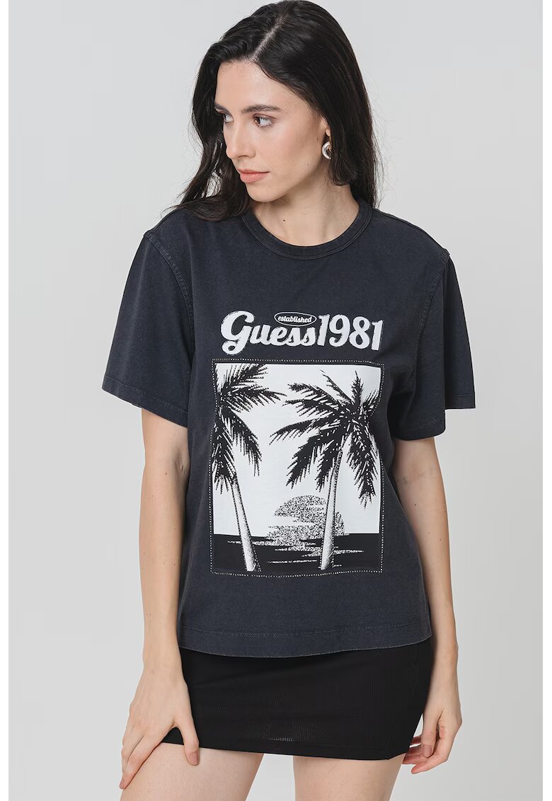 Guess Tricou regular-fit cu imprimeu grafic - Alb optic/Gri inchis