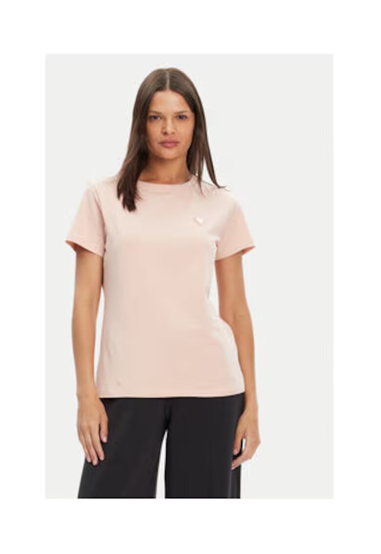 Guess Tricou regular fit cu model uni - decolteu la baza gatului si aplicatie metalica