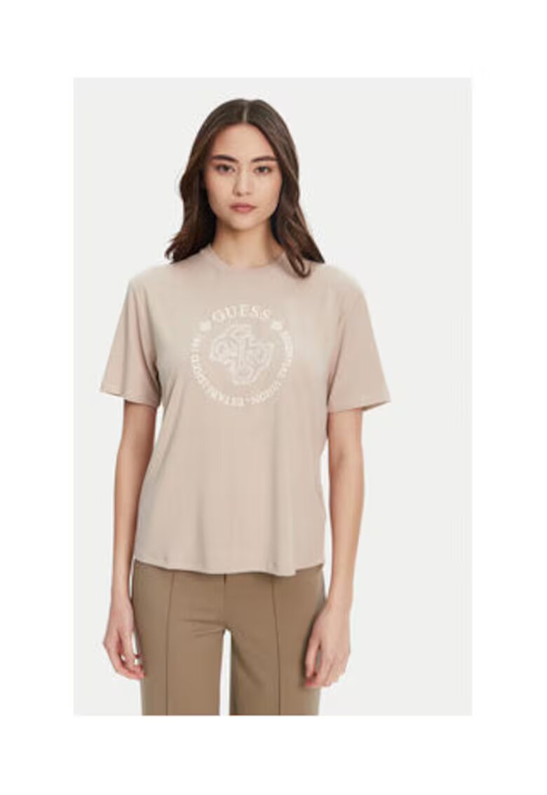 Guess Tricou regular fit din viscoza cu decolteu la baza gatului si logo brodat pe piept