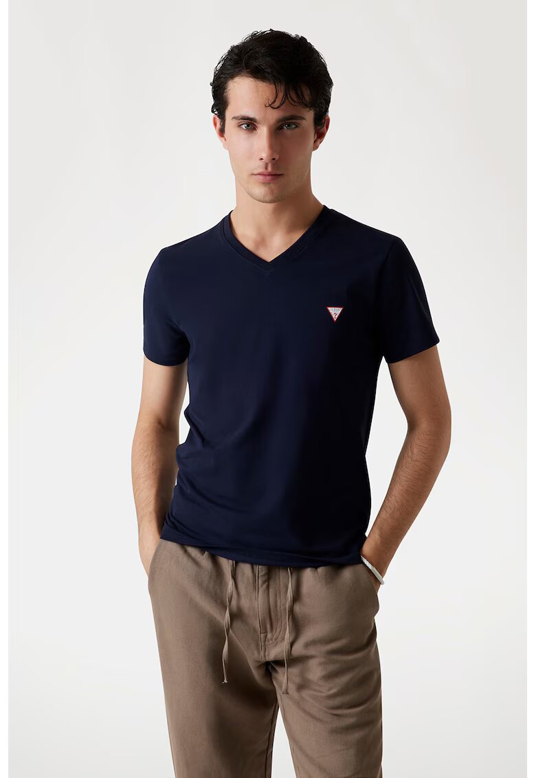 Guess Tricou slim fit cu decolteu in V - Bleumarin