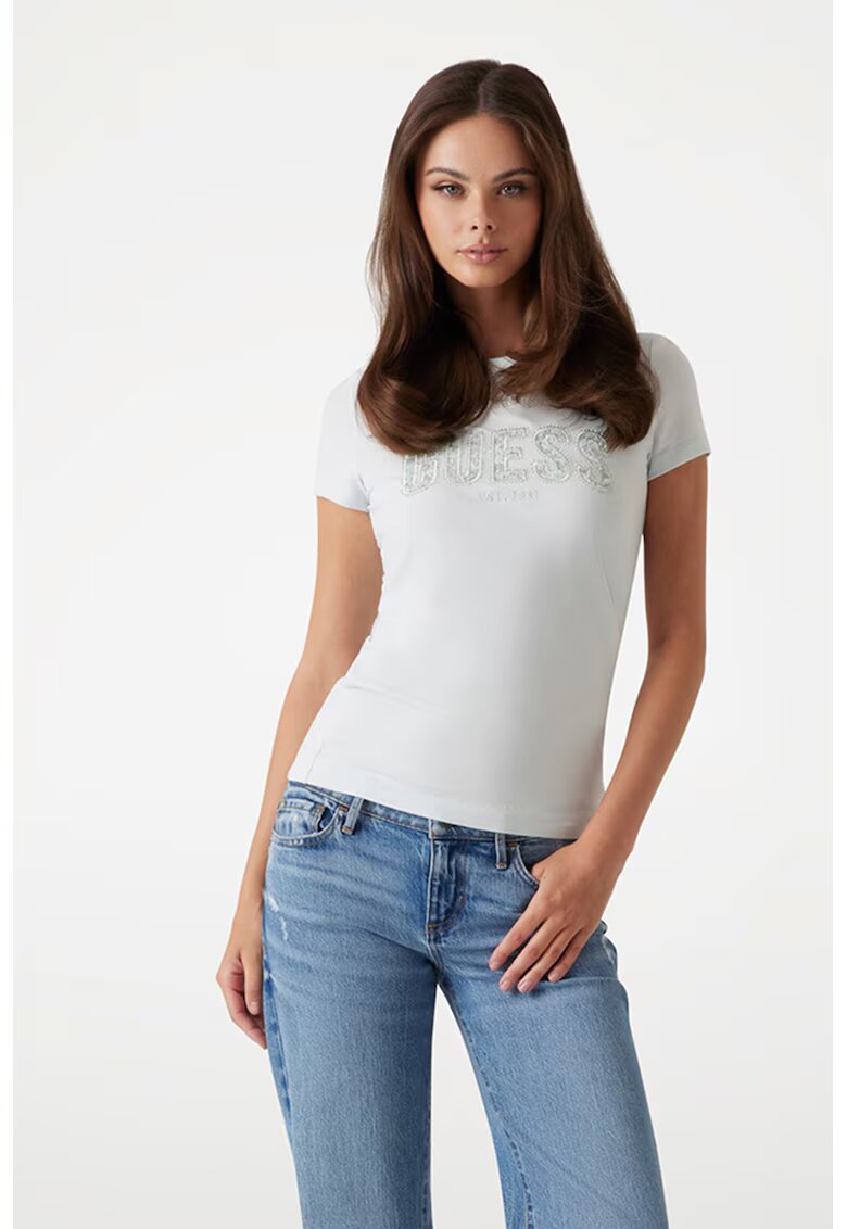 Guess Tricou slim fit cu logo cu strasuri - Gri cenusiu/Verde pal