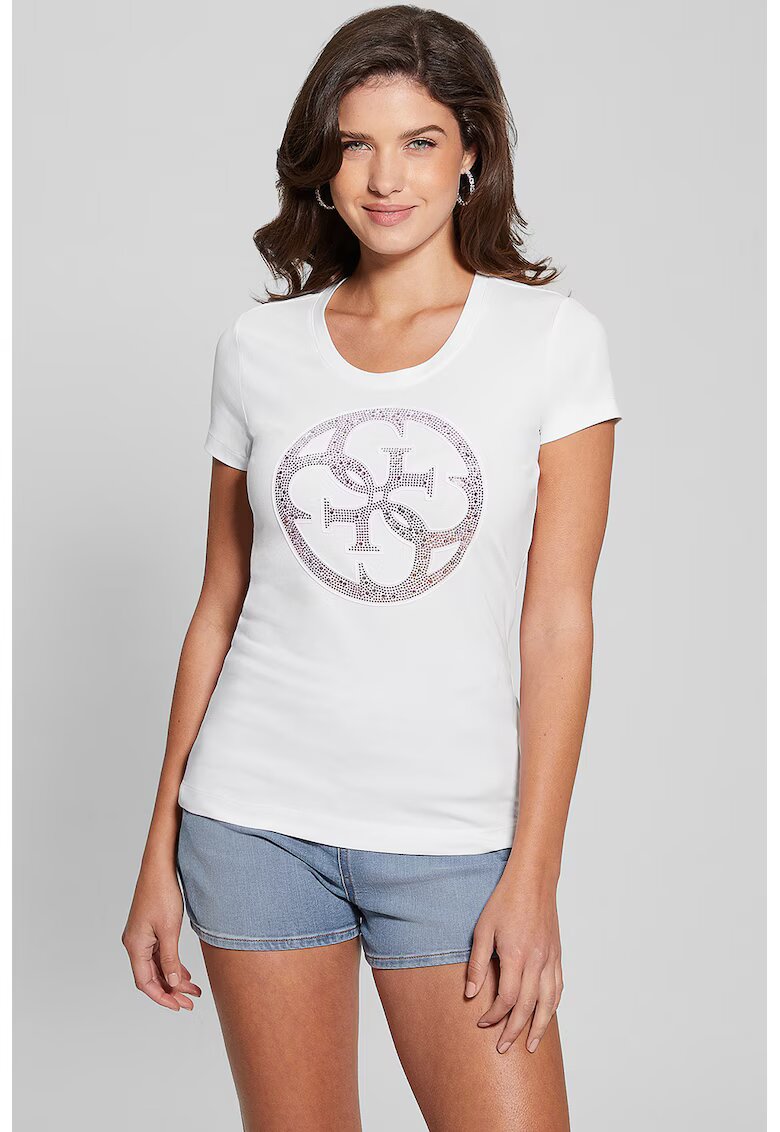 Guess Tricou slim fit cu logo din strasuri - Alb
