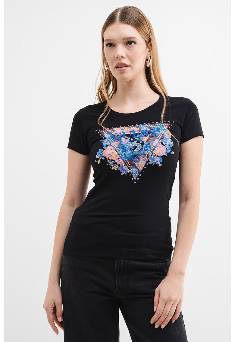 Guess Tricou slim fit cu logo si decolteu la baza gatului - Negru/Albastru