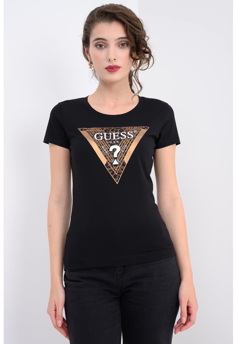 Guess Tricou slim fit cu strasuri si logo - Negru/Negru stins
