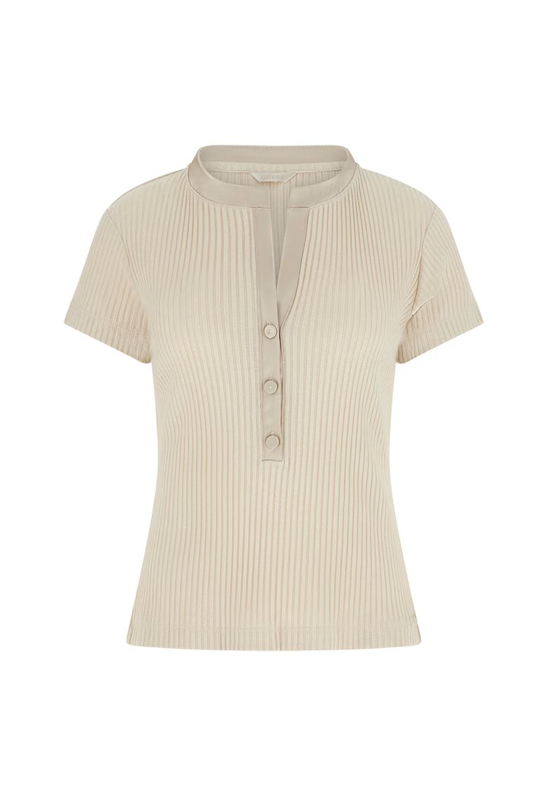 Guess Tricou striat cu fenta cu nasturi - Maro nisip