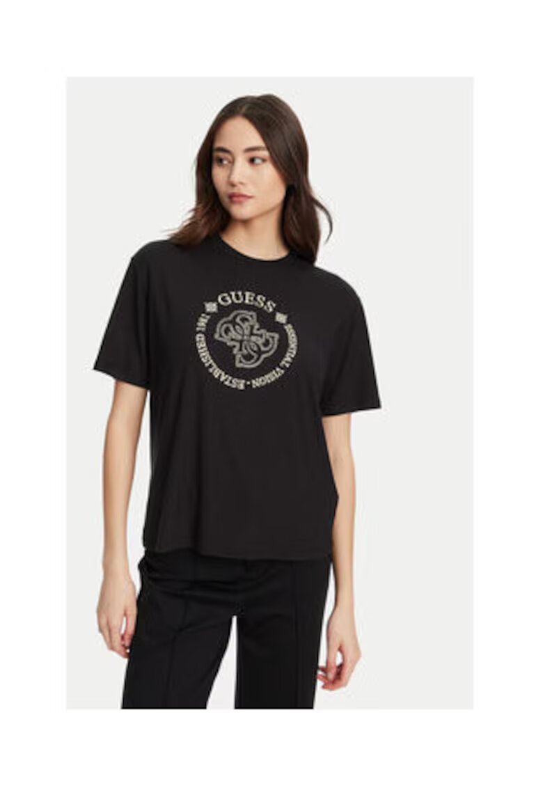 Guess Tricou uni regular fit din viscoza cu logo brodat
