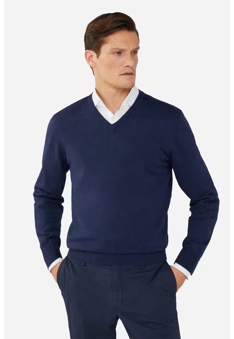 Hackett London Pulover barbati din bumbac si matase cu guler in V Bleumarin