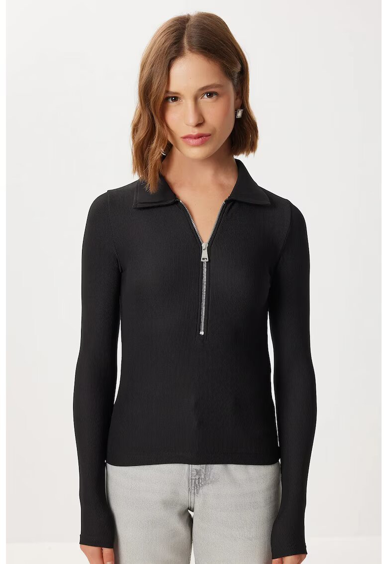 Happiness Istanbul Bluza dama - - mulata - maneca lunga - guler cu fermoar - negru - jerseu