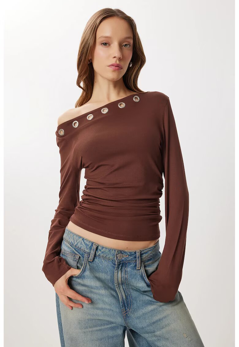 Happiness Istanbul Bluza dama - - viscoza - maneca lunga - guler asimetric - maro mocha