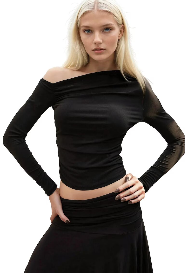 HiCCUP Bluza dama - cu maneca lunga - decolteu asimetric - jerseu - negru