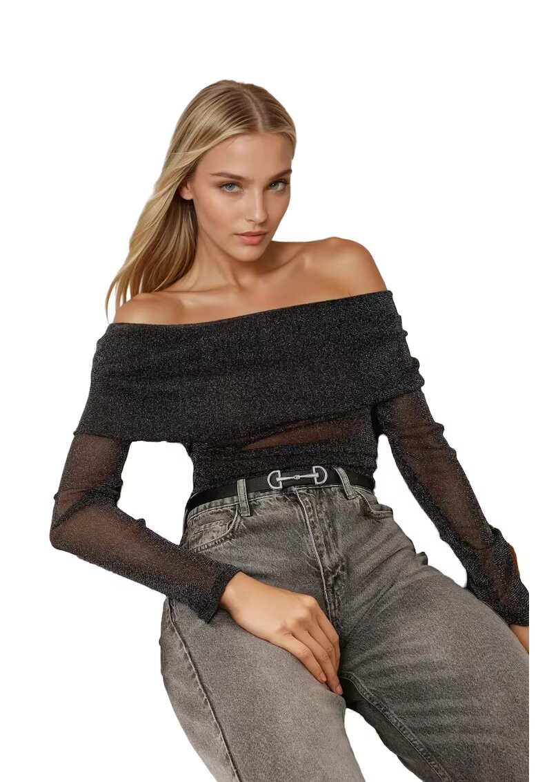 HiCCUP Bluza dama - din tul - cu umeri goi - neagra - poliester