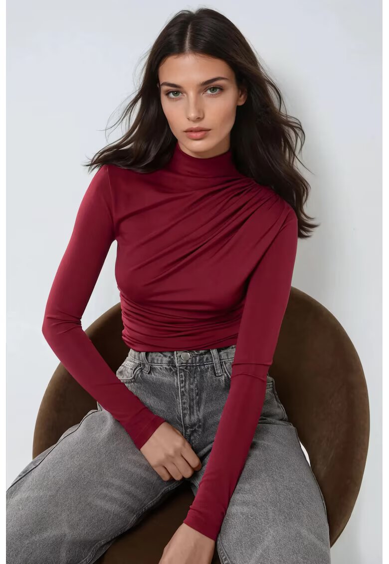 HiCCUP Bluza dama - guler inalt - detaliu drapat - rosu - poliester