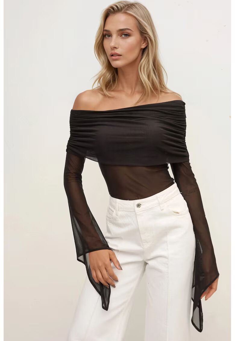 HiCCUP Bluza dama - guler Madonna - maneca lunga - jerseu - Negru - Negru