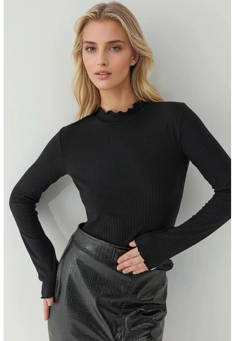 HiCCUP Bluza dama - slim fit - guler rotund - texturat - negru - jerseu