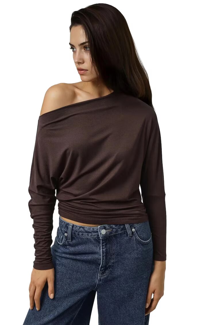 HiCCUP Bluza dama - tricotat elastic - maneca lunga - guler asimetric - maro mocca inchis - jerseu