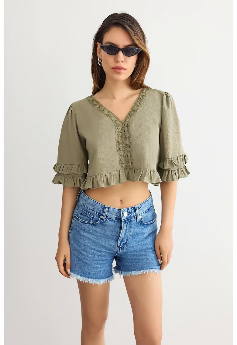 HiCCUP Bluza scurta - decolteu in V - volane - verde - bumbac