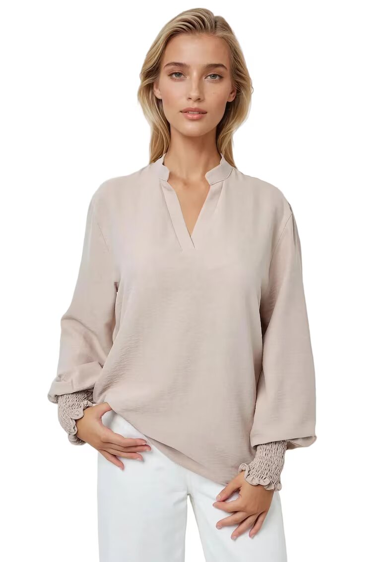 HiCCUP Bluze dama - bluza cu maneca lunga - decolteu in V - bej - bumbac