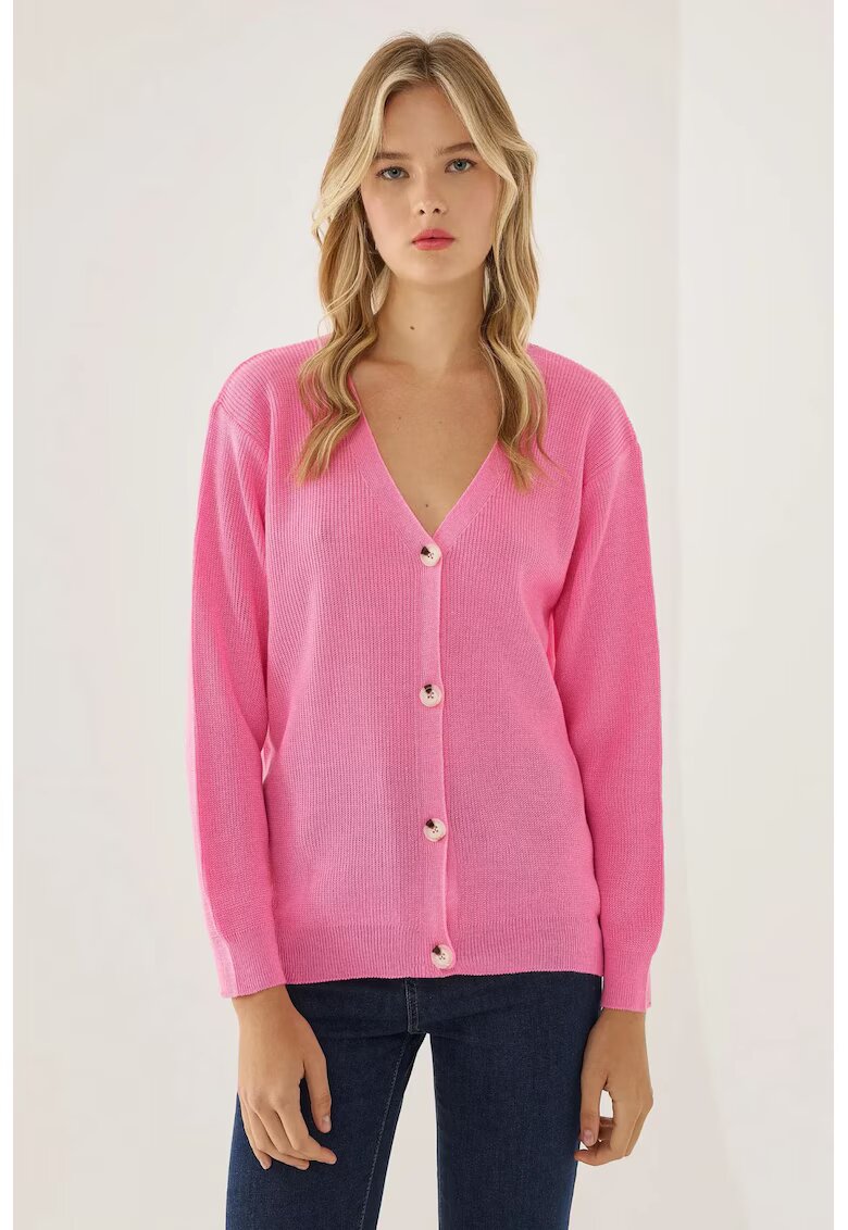 HiCCUP Cardigan Femei Decolteu in V - Nasturi - Tricot - Roz neon