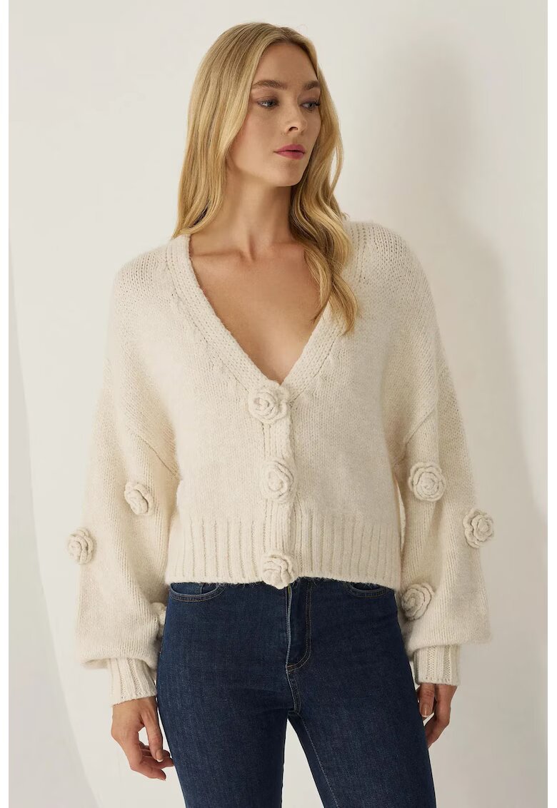 HiCCUP Cardigan supradimensionat cu decolteu in V si aplicatii