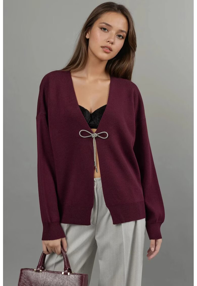 HiCCUP Cardigan tricotat - decolteu in V - detaliu funda - rosu burgund - tricot