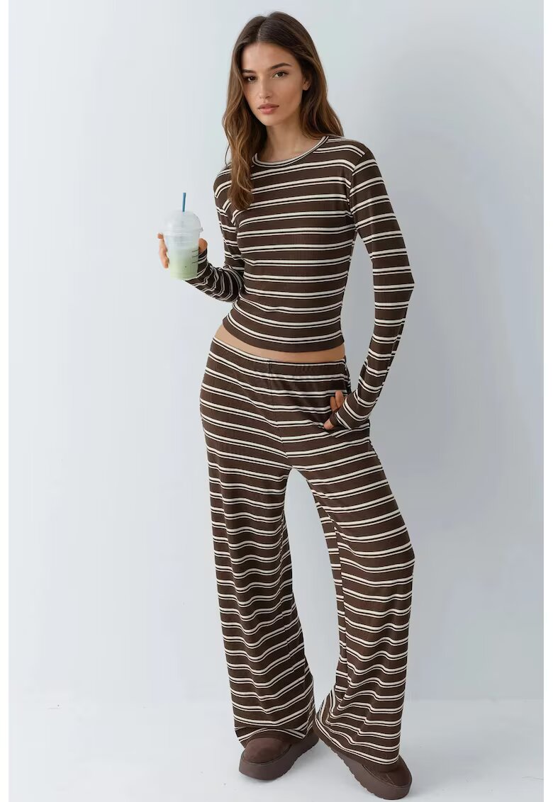 HiCCUP Compleu dama set coordonat cu pantaloni largi - dungi - maro castor