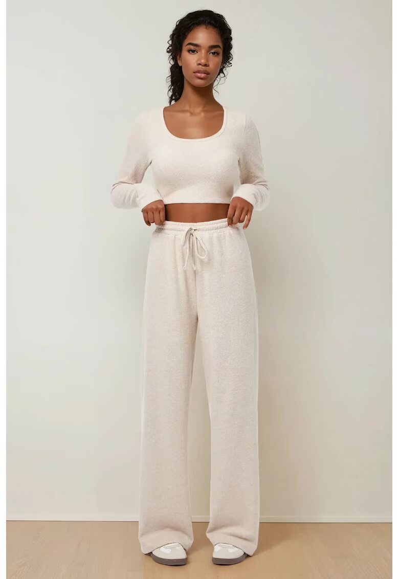 HiCCUP Compleu dama - top texturat si pantaloni largi - bej - tricot