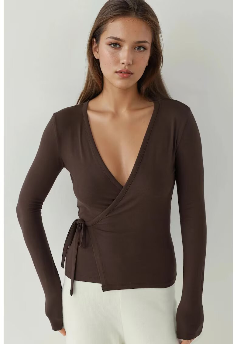 HiCCUP dama - bluza tricotata - maneca lunga - decolteu in V - maro castaniu - jerseu - Maro