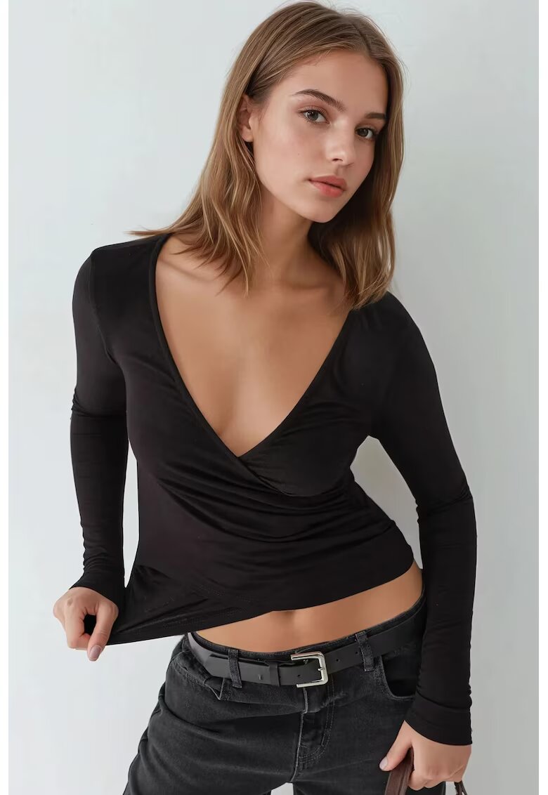 HiCCUP dama - top cu maneca lunga - decolteu in V - negru - jerseu - Negru