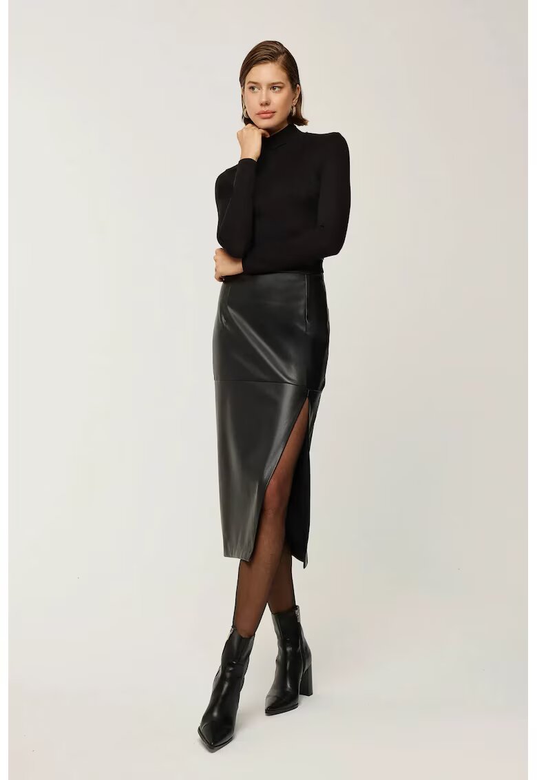 HiCCUP Fusta dama - din piele ecologica - cu crapatura - neagra - pentru ocazii elegante si casual - Negru - Negru