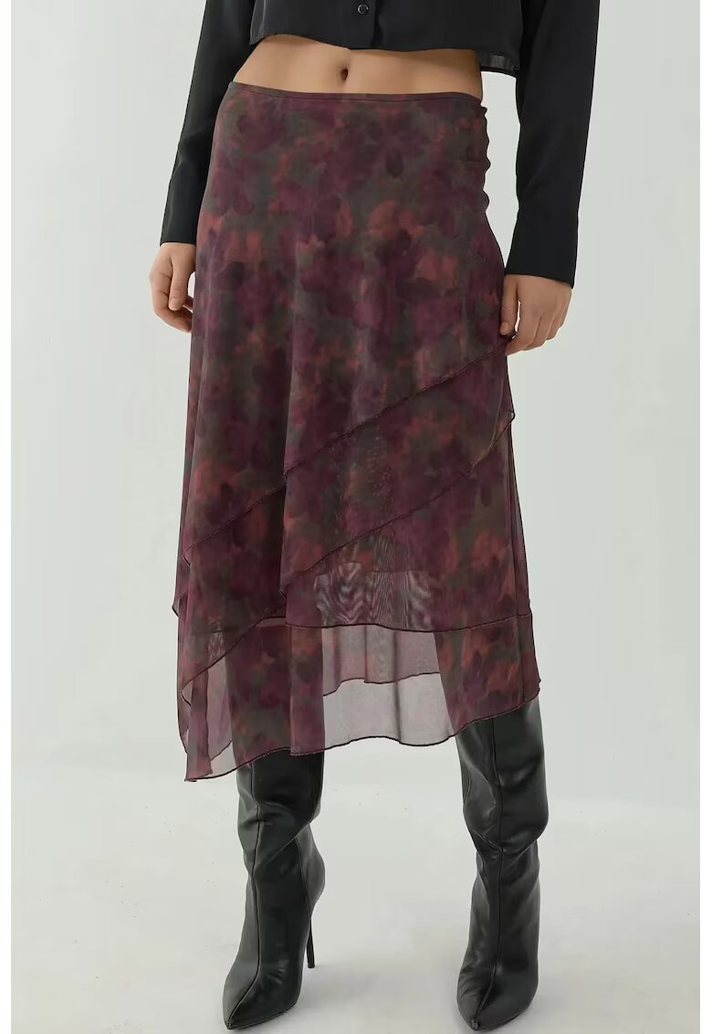 HiCCUP Fusta Fusta Midi cu Talie Inalta - imprimeu floral - rosu burgundy - textil
